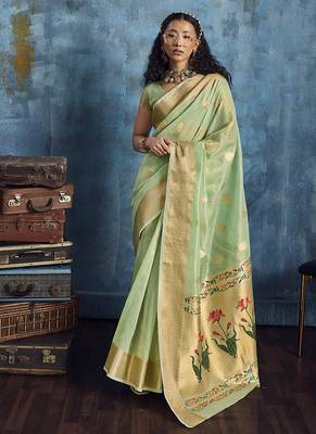 Pastel green paithani tissue handloom weaving saree 1