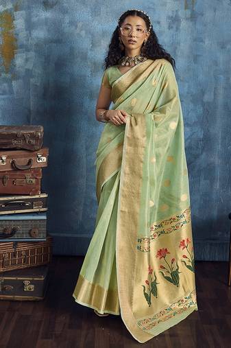 Pastel green paithani tissue handloom weaving saree