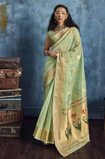 Pastel green paithani tissue handloom weaving saree