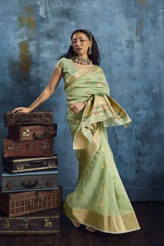 Pastel green paithani tissue handloom weaving saree