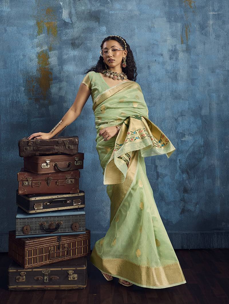 Pastel green paithani tissue handloom weaving saree