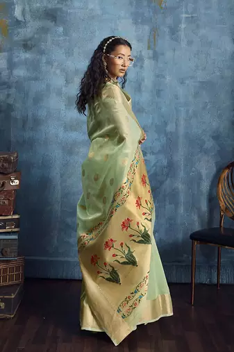 Pastel green paithani tissue handloom weaving saree