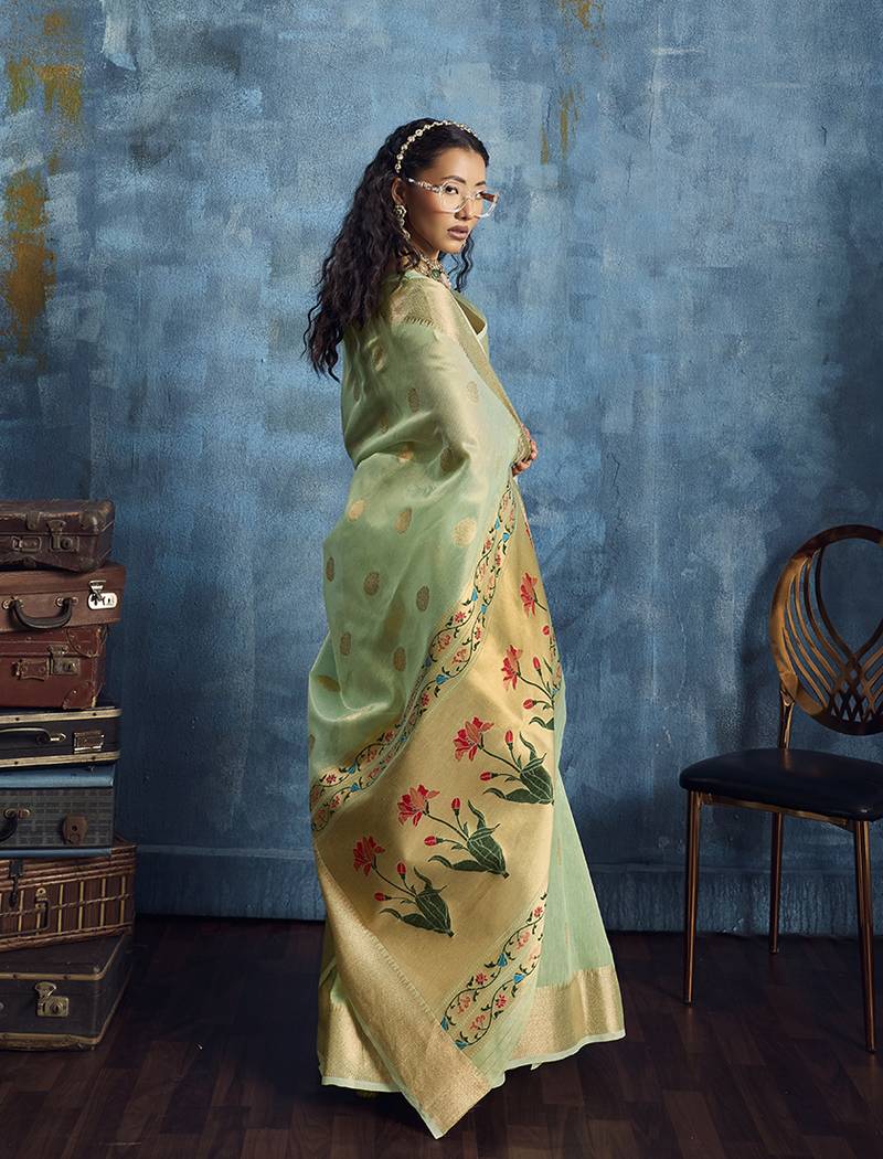 Pastel green paithani tissue handloom weaving saree