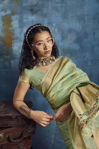 Pastel green paithani tissue handloom weaving saree