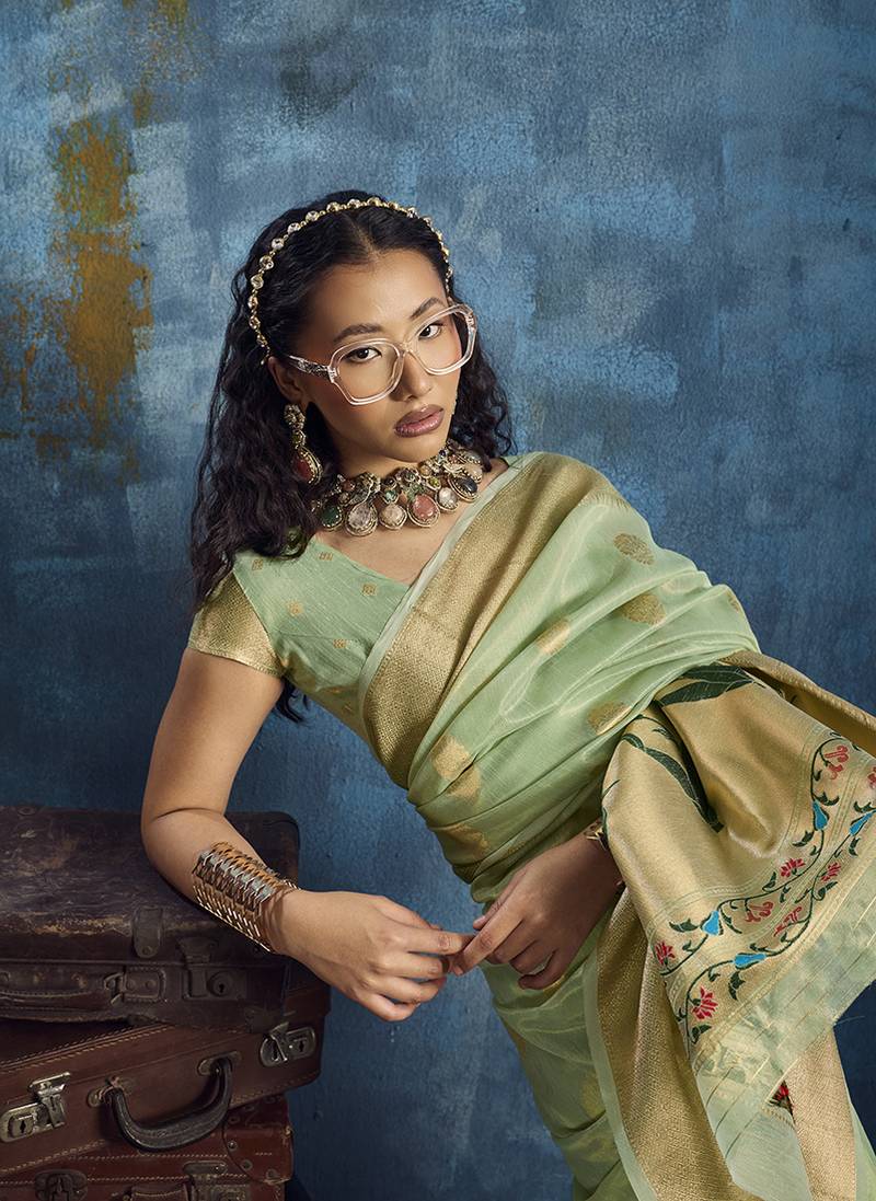 Pastel green paithani tissue handloom weaving saree