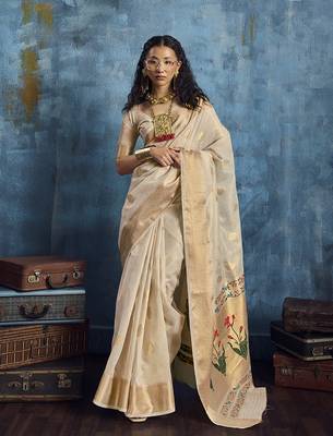 Off white paithani tissue handloom weaving saree 1