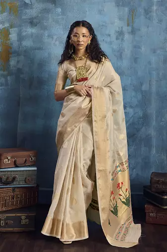 Off white paithani tissue handloom weaving saree