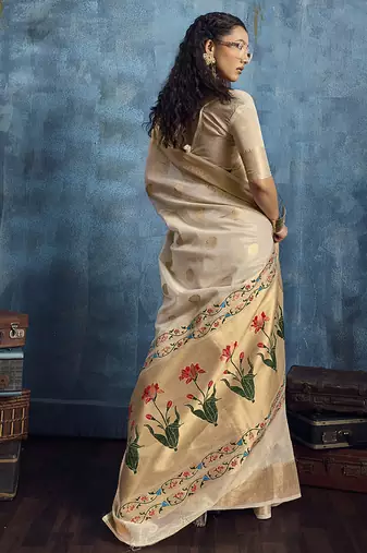Off white paithani tissue handloom weaving saree
