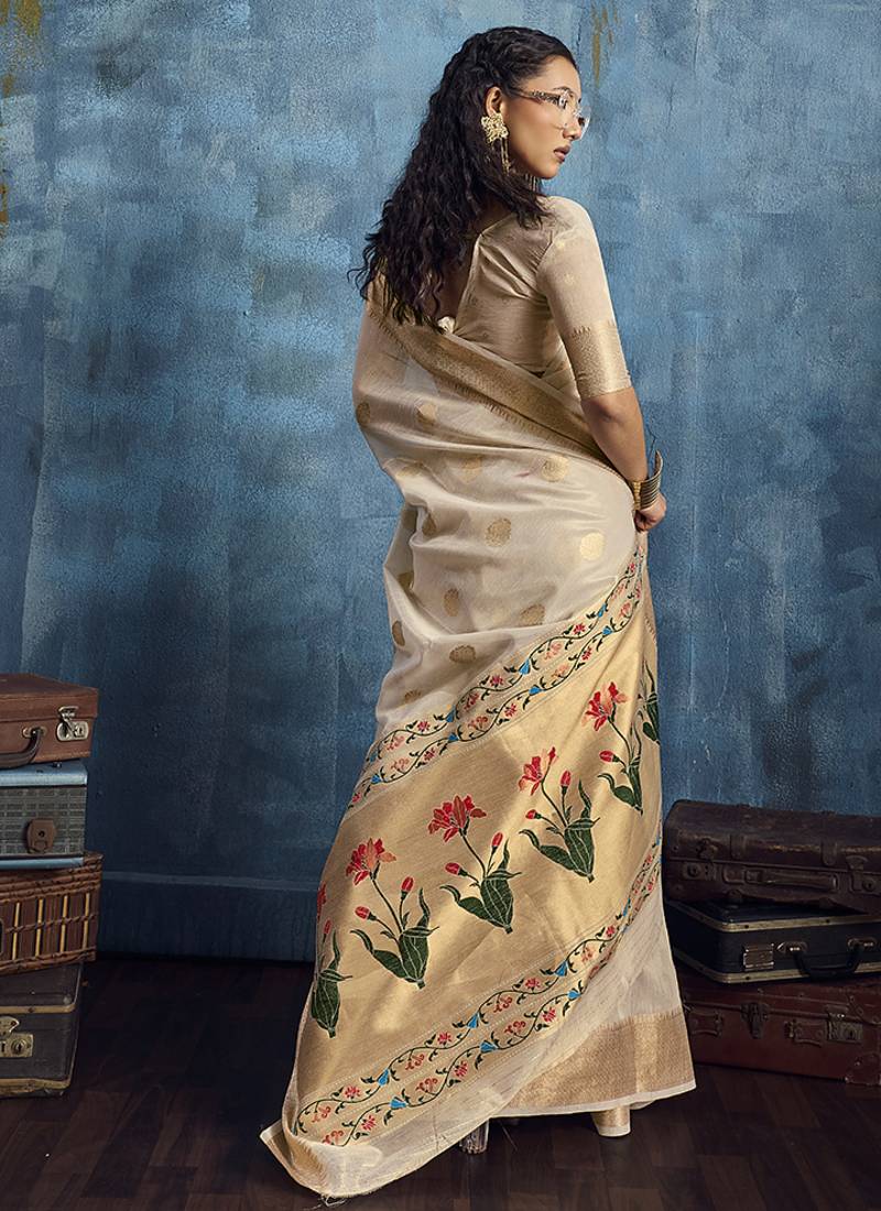 Off white paithani tissue handloom weaving saree