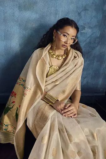 Off white paithani tissue handloom weaving saree