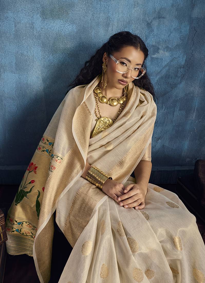 Off white paithani tissue handloom weaving saree