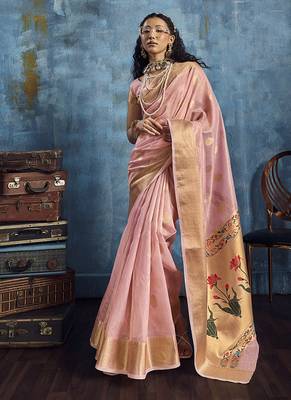 Pink paithani tissue handloom weaving saree 1