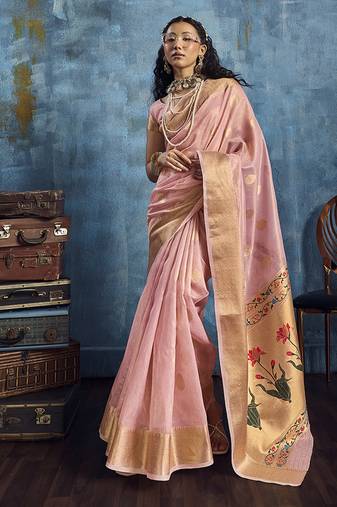 Pink paithani tissue handloom weaving saree