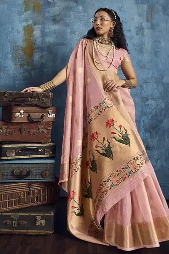 Pink paithani tissue handloom weaving saree