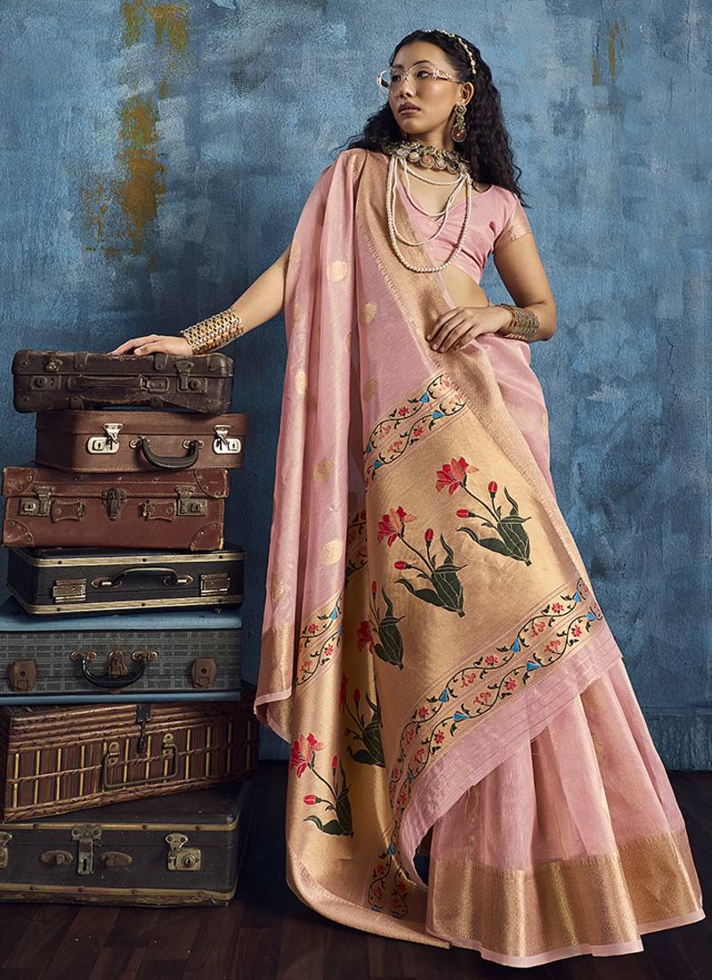 Pink paithani tissue handloom weaving saree