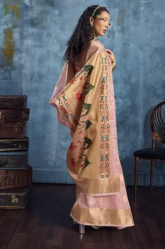 Pink paithani tissue handloom weaving saree