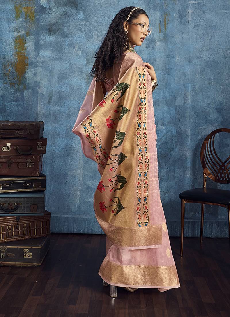 Pink paithani tissue handloom weaving saree