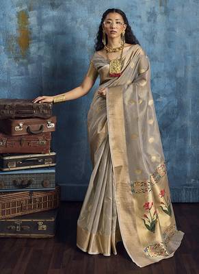 Grey paithani tissue handloom weaving saree 1