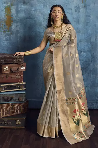 Grey paithani tissue handloom weaving saree