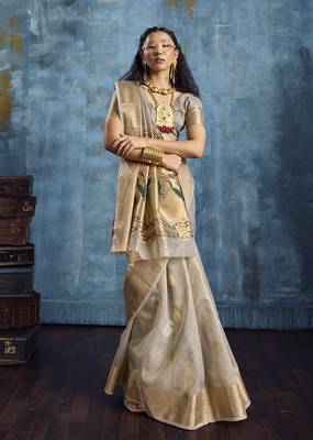 Grey paithani tissue handloom weaving saree 2