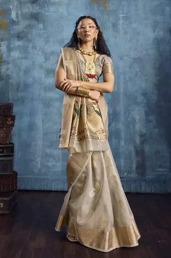 Grey paithani tissue handloom weaving saree