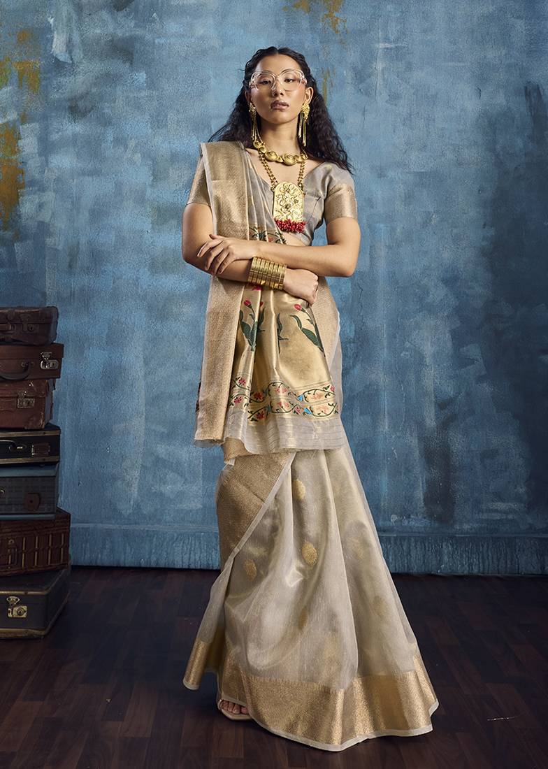 Grey paithani tissue handloom weaving saree