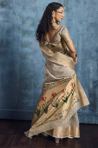 Grey paithani tissue handloom weaving saree