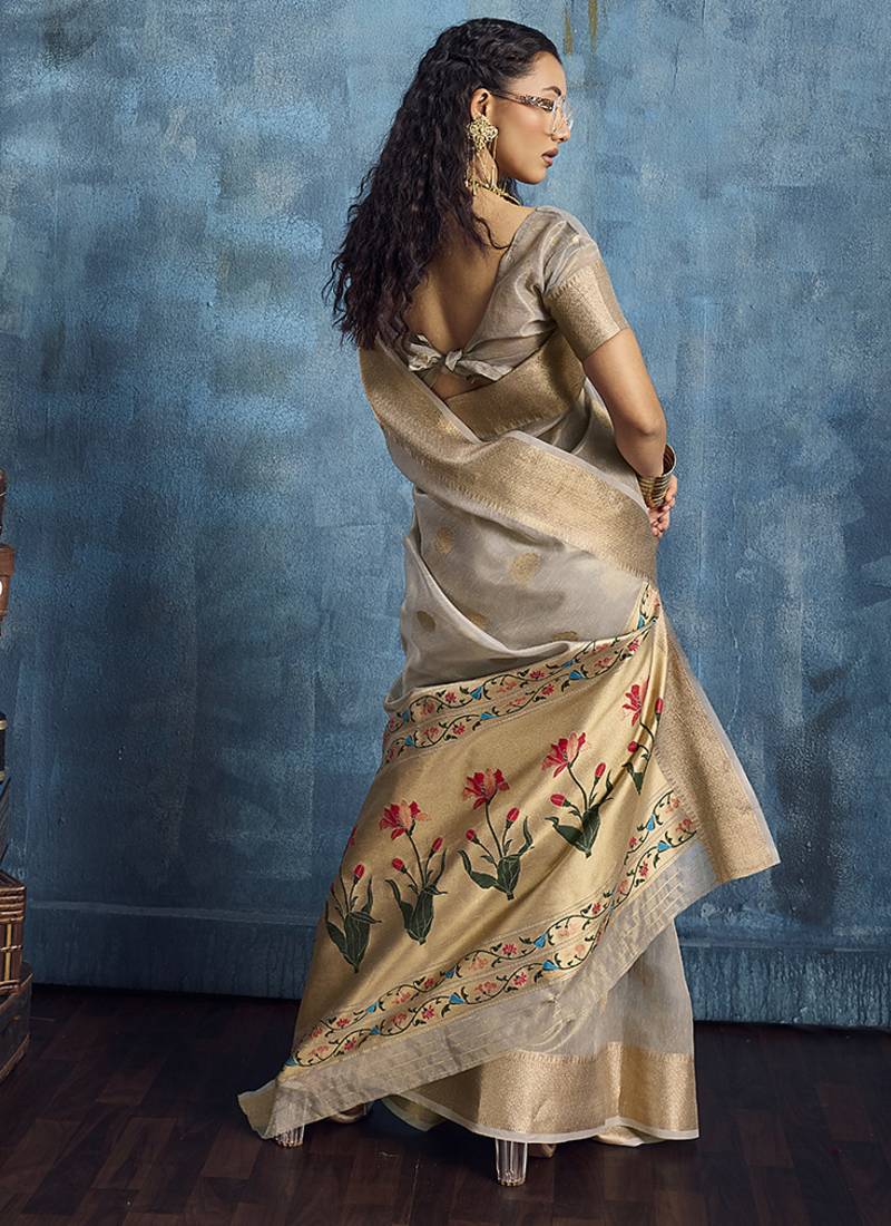 Grey paithani tissue handloom weaving saree