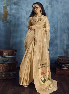 Beige paithani tissue handloom weaving saree 1