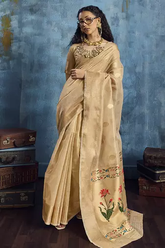 Beige paithani tissue handloom weaving saree