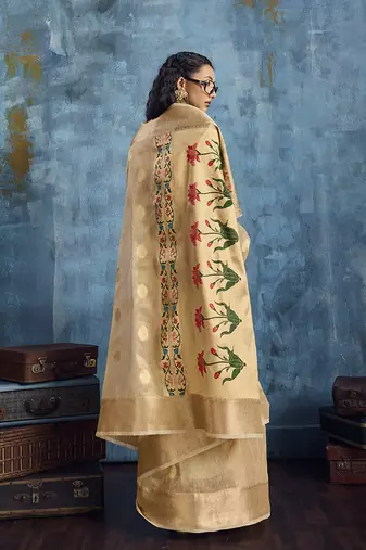 Beige paithani tissue handloom weaving saree