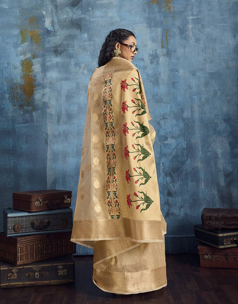 Beige paithani tissue handloom weaving saree