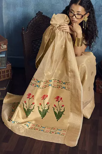 Beige paithani tissue handloom weaving saree