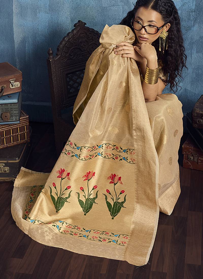 Beige paithani tissue handloom weaving saree