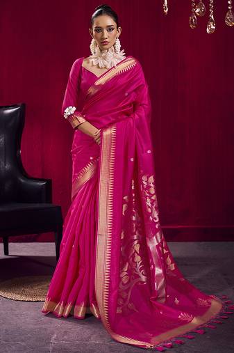 Rani pink weaving satin linen silk blend saree