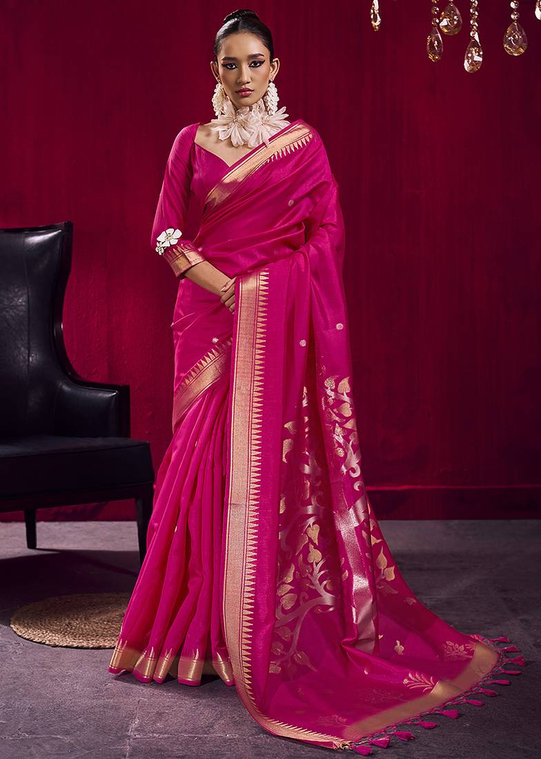 Rani pink weaving satin linen silk blend saree