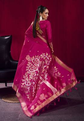 Rani pink weaving satin linen silk blend saree 2