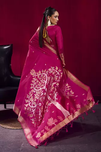 Rani pink weaving satin linen silk blend saree