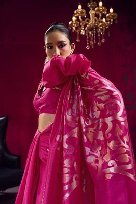 Rani pink weaving satin linen silk blend saree 3