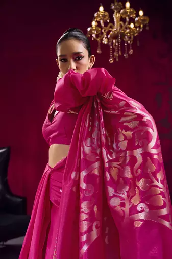 Rani pink weaving satin linen silk blend saree