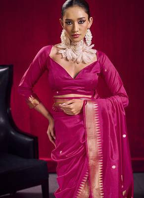 Rani pink weaving satin linen silk blend saree 4