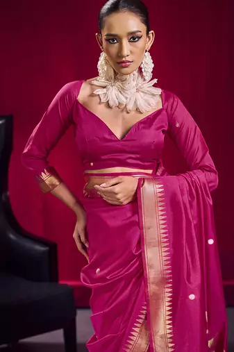 Rani pink weaving satin linen silk blend saree