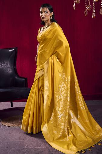 Mustard weaving satin linen silk blend saree