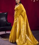 Mustard weaving satin linen silk blend saree