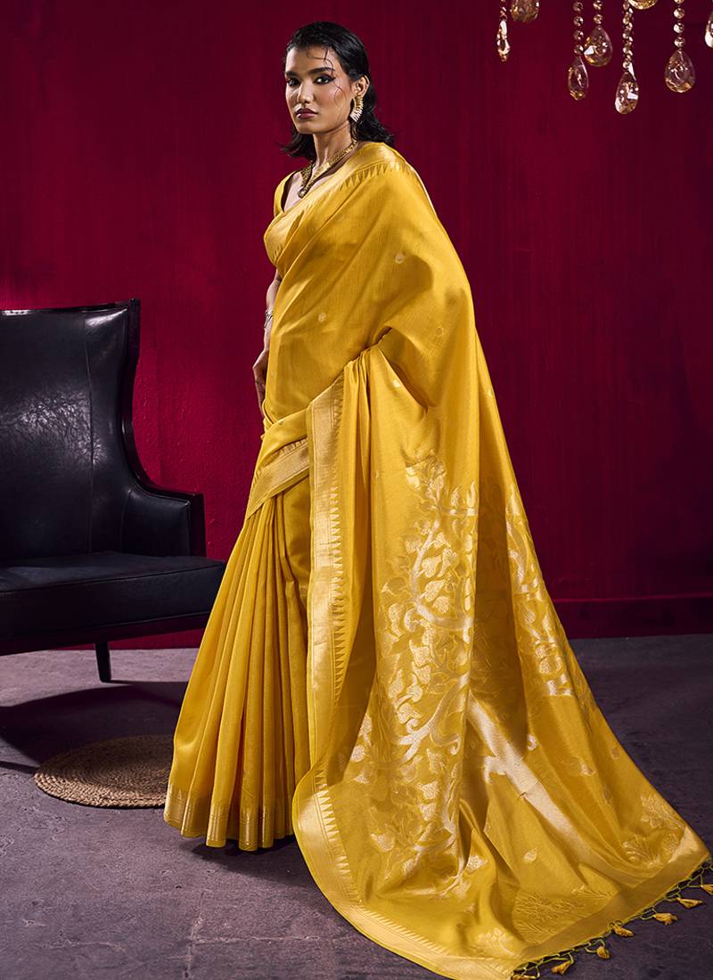 Mustard weaving satin linen silk blend saree
