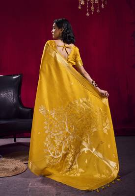 Mustard weaving satin linen silk blend saree 2