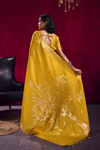 Mustard weaving satin linen silk blend saree