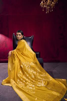 Mustard weaving satin linen silk blend saree 3
