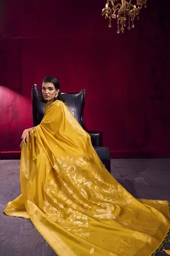 Mustard weaving satin linen silk blend saree