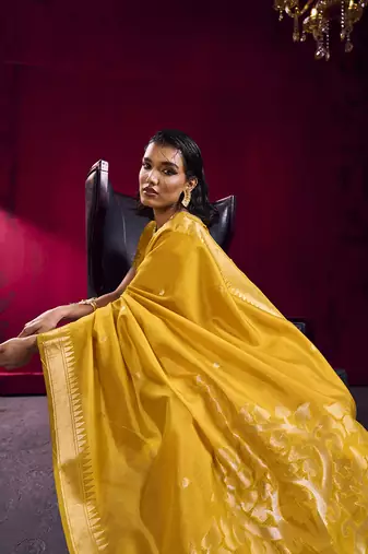 Mustard weaving satin linen silk blend saree